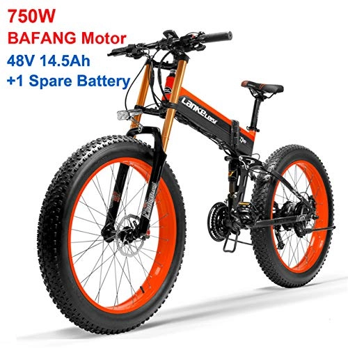 Folding Electric Mountain Bike : Fat tire Electric Bicycle 26inch Electric Bike, 48V / 14.5AH Motor Snow Bike, 21 Speed / 750W Lithium Battery, Optimized Operating System Orange
