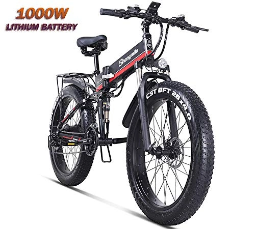 Folding Electric Mountain Bike : Fat Tire Electric Bicycle Snow Bike 26 Inch Motorcycle E Bike 1000w 48v Electric Folding Bike Mountain Adult Bicycle 21 Speed Brake Type Front And Rear Disc Brakes Black+Red