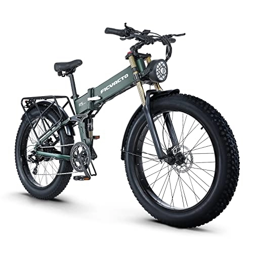 Folding Electric Mountain Bike : Ficyacto Electric Bike, 48V15AH Battey, 26 * 4.0 Fat Tire Electric Bike, Shimano 8-Speed Mountain Ebike for Men (Green)