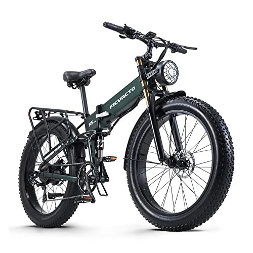 Folding Electric Mountain Bike : Ficyacto Electric Bike, 48V16AH Battey, 26 * 4.0 Fat Tire Electric Bike, Shimano 8-Speed Mountain Ebike for Men (Green)
