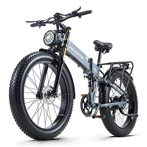 Folding Electric Mountain Bike : Ficyacto Electric Bike, 48V16AH Battey, 26 * 4.0 Fat Tire Electric Bike, Shimano 8Speed Mountain Ebike for Men (Grey)