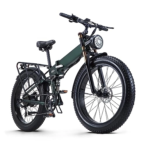 Folding Electric Mountain Bike : Ficyacto Electric Bike, 48V17.5AH Battey, 26 * 4.0 Fat Tire Electric Bike, Shimano 8-Speed Mountain Ebike for Men (Green)