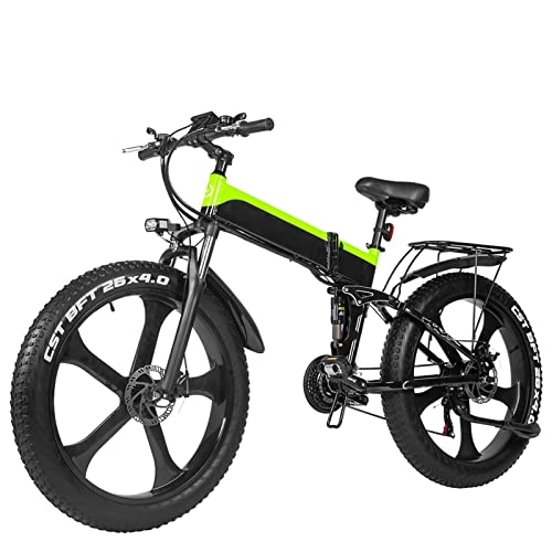 Folding Electric Mountain Bike : FMOPQ Folding 1000W Electric Bike26 Fat Tire 25 Mph Removable Lithium Battery Mountain Double Shock Foldable (Color : Green Size : 48v 10.4Ah Battery) (Green 48V 12.8Ah Battery)