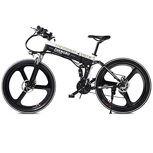 Folding Electric Mountain Bike : FNCUR Stab-resistant Tire Folding Electric Mountain Bike Power Bicycle 48V Lithium Battery Portable Electric Bicycle Two-wheeled Adult Travel Smart Battery Car (Color : Black white)
