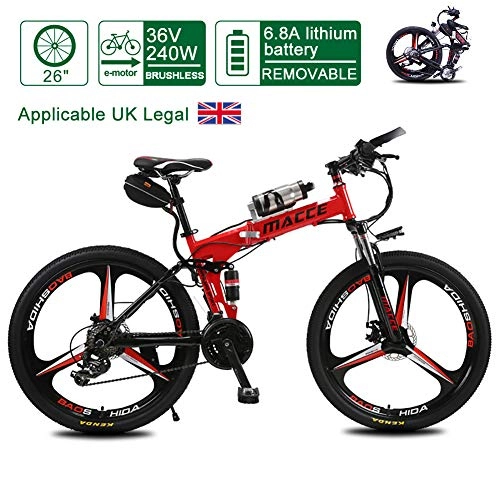 Folding Electric Mountain Bike : Foding Electric Bike for Adult, 23KG Lightweight Electric Mountain Bicycle, 250W Removable Charging Battery Hybrid Bike, 21 Speed / 26" Road Eikes for Traveling (UK Legal), Red