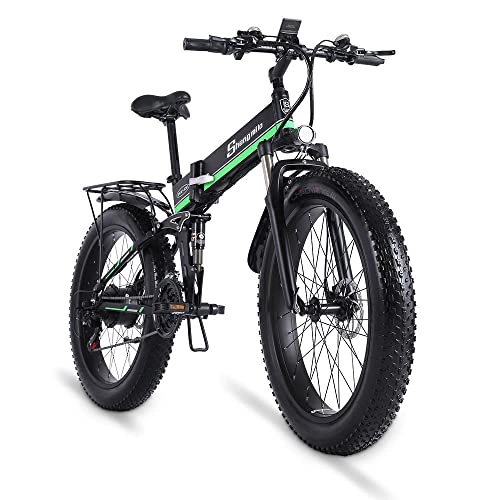 Folding Electric Mountain Bike : Foldable 26" Mountain E-Bike, with Removable Li-Ion Battery 48V 13A for Adults, with 1000W Motor 21-Speed Shifter, 45KM Range Dual Disc Brakes for Teenager and Adults [CZ Stock], green