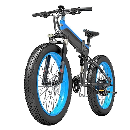 Folding Electric Mountain Bike : Foldable Electric Bike for Adults 440 Lbs 25 Mph 1000W Electric Bike 26-Inch Fat Ebike Folding E Bike 48V Electric Mountain Bicycle (Color : 14.5AH blue)