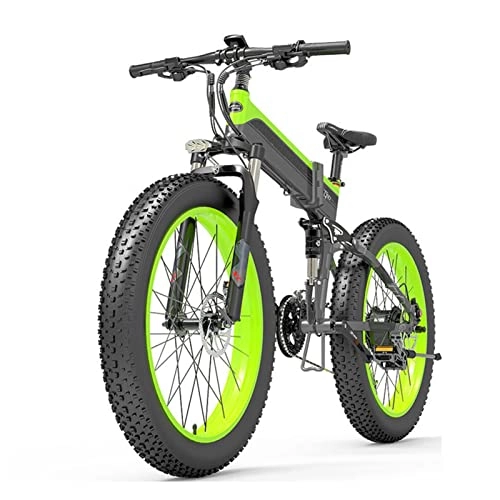 Folding Electric Mountain Bike : Foldable Electric Bike for Adults 440 Lbs 25 Mph 1000W Electric Bike 26-Inch Fat Ebike Folding E Bike 48V Electric Mountain Bicycle (Color : 14.5AH green)