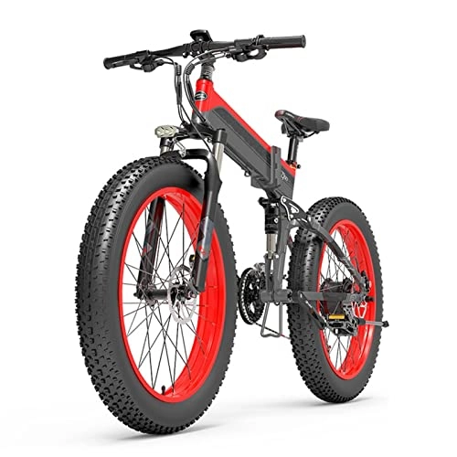 Folding Electric Mountain Bike : Foldable Electric Bike for Adults 440 Lbs 25 Mph 1000W Electric Bike 26-Inch Fat Ebike Folding E Bike 48V Electric Mountain Bicycle (Color : 14.5AH red)