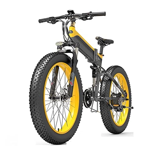 Folding Electric Mountain Bike : Foldable Electric Bike for Adults 440 Lbs 25 Mph 1000W Electric Bike 26-Inch Fat Ebike Folding E Bike 48V Electric Mountain Bicycle (Color : 14.5AH yellow)
