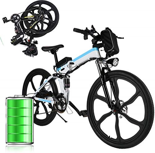 Folding Electric Mountain Bike : Folding Electric Bike, 26”Electric Mountain Bike for adults Electric Bicycle with Removable 36V 8Ah 250W Lithium-Ion Battery 21-Speed Ebike with Three Working Modes (White-blue)