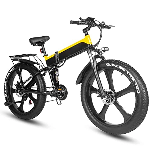 Folding Electric Mountain Bike : Folding Electric Bike for Adult, 26'' Fat Tire Ebike with 1000W Motor, 48V / 12.8 Ah Removable Battery, Snow, Beach, Mountain Hybrid Ebike (Color : A)