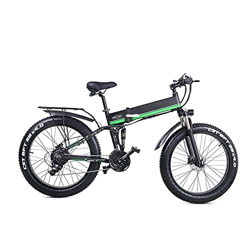 Folding Electric Mountain Bike : Folding Electric Bike for Adult - Electric Mountain Bicycle 26" Lightweight 1000W Ebike, Commuter Bicycle with 12.8Ah Lithium Battery, Professional 21 Speed Gears (Green)