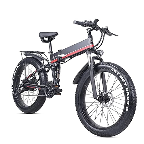 Folding Electric Mountain Bike : Folding Electric Bike for Adult - Electric Mountain Bicycle 26" Lightweight 1000W Ebike, Commuter Bicycle with 12.8Ah Lithium Battery, Professional 21 Speed Gears (Red)