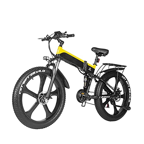 Folding Electric Mountain Bike : Folding Electric Bike for Adults 26" Electric Bicycle / Commute Ebike with 1000W Motor 48V 12.8Ah Battery Professional 21 Speed Transmission Gears (Yellow)