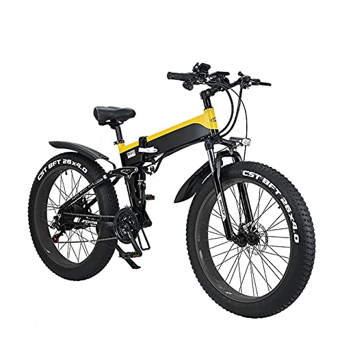 Folding Electric Mountain Bike : Folding Electric Bike for Adults, 26'' Electric Commuter Bicycle with 12.8AH Lithium-Ion Battery, 48V 500W Motor and Smart Adjustable Speed (Yellow)
