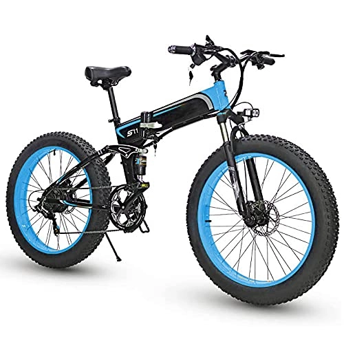 Folding Electric Mountain Bike : Folding Electric Bikes for Adults, 26" * 4.0 Inch Fat Tire Mountain Dirt E-bike 48V 10AH 500W / 1000W Moped Beach Snow Removable Lithium-Ion Battery Bicycle 7 Speed for Men Women (Black Blue, 1000W)