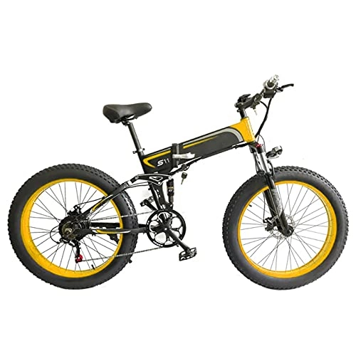 Folding Electric Mountain Bike : Folding Electric Bikes for Adults, 26" * 4.0 Inch Fat Tire Mountain Dirt E-bike 48V 10AH 500W / 1000W Moped Beach Snow Removable Lithium-Ion Battery Bicycle 7 Speed for Men Women (Black Yellow, 500W)