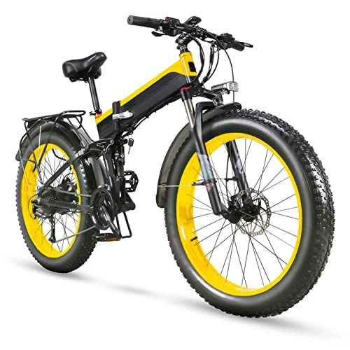Folding Electric Mountain Bike : Folding Electric Bikes for Adults 26 Inch Fat Tire 27 Speed Mountain Ebike 1000W Electric Bicycle with 48V 12.8ah Removable Battery (Color : Black yellow)