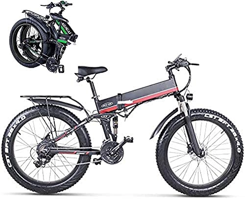 Folding Electric Mountain Bike : Folding Electric Mountain Bike for Adults 26Inch E-bike for Adult 48V 1000W High Speed Ebike 12 8 AH Removable Lithium Battery Travel Assisted Electric Bike Fat Tire Fold up Bike-Red Evolutions