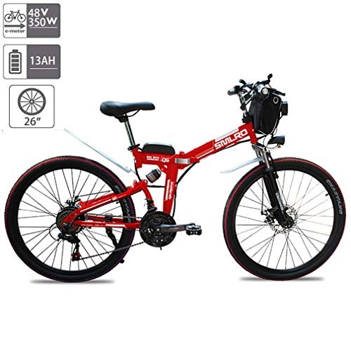 Folding Electric Mountain Bike : FYHJND Electric Bike 26'' Folding Mountain with Removable Large Capacity 48V 13AH Lithium-Ion Battery 350W Motor Electric Bike Premium Full Suspension E-Bike 21 Speed Gear, Red