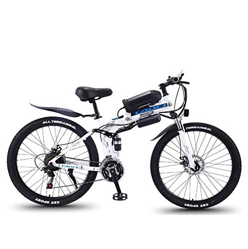 Folding Electric Mountain Bike : GASLIKE Adult Folding Electric Mountain Bike, 350W Snow Bikes, Removable 36V 10AH Lithium-Ion Battery for, Premium Full Suspension 26 Inch Electric Bicycle, White, 27 speed