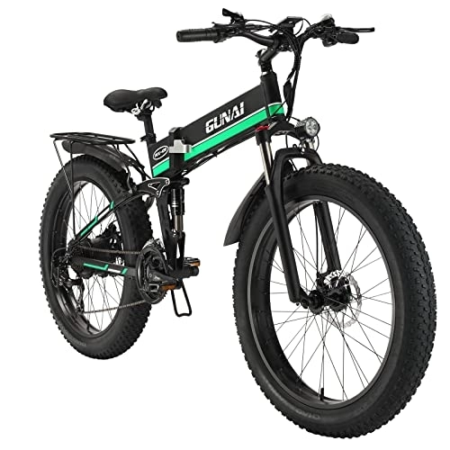 Folding Electric Mountain Bike : GAVARINE Fat Tire Electric Bike, Foldable Spring Full Suspension Mountain Bike, with Removable 48V 12.8AH Lithium Battery and 3.5 Inch Large LCD Screen (Green)