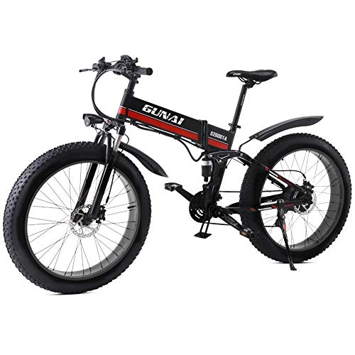 Folding Electric Mountain Bike : GUNAI Electric Bike, 1000W 26 Inch Fat Tire Folding Mountain Bike Snow Bike with Removable Battery