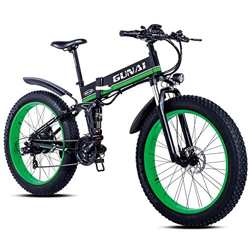 Folding Electric Mountain Bike : GUNAI Electric Bike, 26 Inch 21 Speed Mountain Bike with 1000W Brushless Motor and Disc Brake(Green)