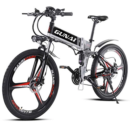 Folding Electric Mountain Bike : GUNAI Electric Bike 26 inch Mountain Bike 350W, Advanced Full-Suspension Rear Seats and 21-Speed Gears