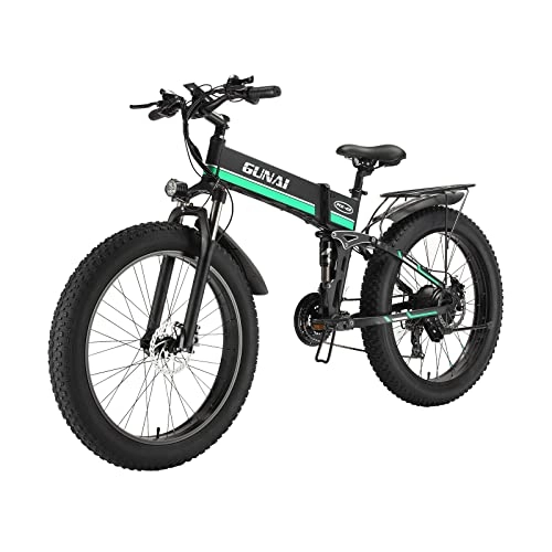 Folding Electric Mountain Bike : GUNAI Electric Bike Folding Fat Tire 26-inch Snow Bike 21-speed Mountain Electric Bike Rear Seat(Green)