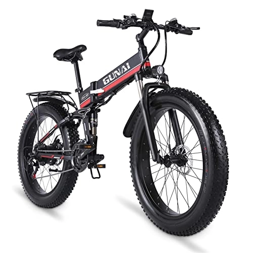 Folding Electric Mountain Bike : GUNAI Electric Bike Folding Fat Tire 26-inch Snow Bike 21-speed Mountain Electric Bike Rear Seat (Red)