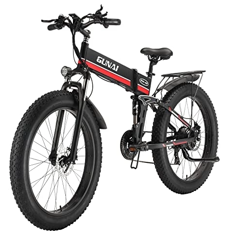 Folding Electric Mountain Bike : GUNAI Electric Bike Folding Fat Tire 26-inch Snow Bike 21-speed Mountain Electric Bike Rear Seat(Red