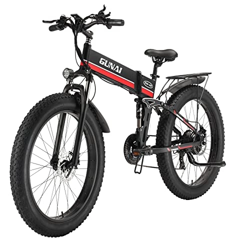 Folding Electric Mountain Bike : GUNAI Electric Bike Folding Fat Tire 26-inch Snow Bike 7-speed Mountain Electric Bike Rear Seat(Red)