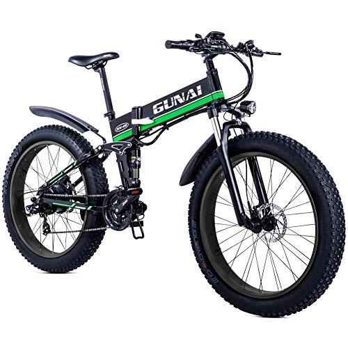 Folding Electric Mountain Bike : GUNAI Electric Mountain Bike 26 Inches Folding Fat Tire E-bike with 48V 12Ah Removable Lithium Battery with Rear Seat