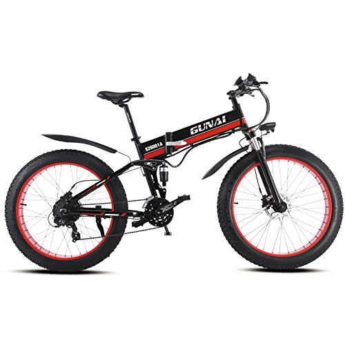 Folding Electric Mountain Bike : GUNAI Electric Snow Bike 48V 1000W 26 inch Fat Tire Ebike with Removable Lithium Battery and Suspension Fork