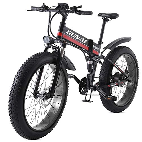 Folding Electric Mountain Bike : GUNAI Electric Snow Bike 48V 1000W 26 inch Fat Tire Ebike with Removable Lithium Battery and Suspension Fork with Rear Seat