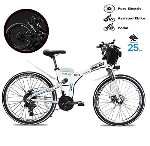 Folding Electric Mountain Bike : GUOJIN 350W Electric Bicycle with Removable 48V 20 ah Lithium-Ion Battery, 24" Off-Road Wheels Premium Full Suspension and 3 speed gear, White