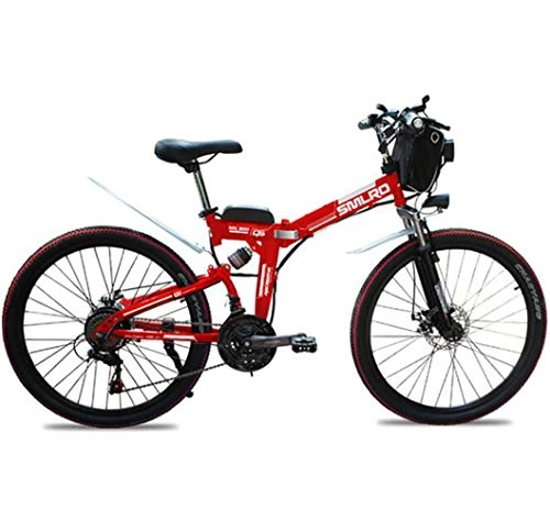 Folding Electric Mountain Bike : GUOJIN 350W Electric Bicycle with Removable 48V 8AH Lithium-Ion Battery, 26" Off-Road Wheels Premium Full Suspension and 6 speed gear, Red