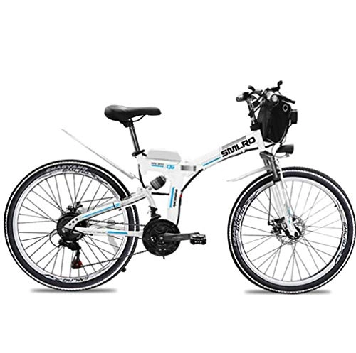 Folding Electric Mountain Bike : GUOJIN 350W Electric Bicycle with Removable 48V 8AH Lithium-Ion Battery, 26" Off-Road Wheels Premium Full Suspension and 6 speed gear, White