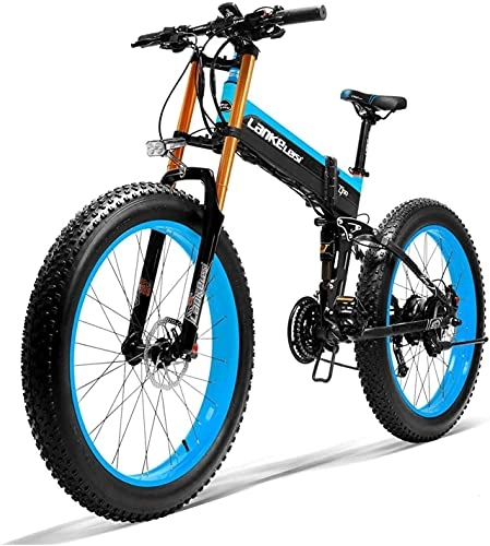 Folding Electric Mountain Bike : Haowahah Lankeleisi 750plus Electric Bicycle Full-featured Electric Bicycle Folding Electric Bicycle 26" 4.0 Fat Tire 48V 14.5Ah 1000W Upgrade Fork (Blue, A battery)