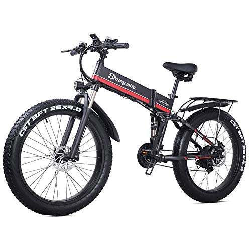 Folding Electric Mountain Bike : HAOYF 1000W Fat Tire Folding Electric Bikes for Adults, Front Suspension, Dual Disc Brakes, 48V Beach Snow Commute Electric Bicycle Lithium Battery, Shimano 21-Speed, Red