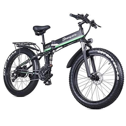 Folding Electric Mountain Bike : HAOYF 1000W Folding Electric Bike with 26 * 4.0 Inch Fat Tire, Lithium-Ion Battery (36V 250W), 3 Riding Modes, Premium Full Suspension & Quality Gear, Green