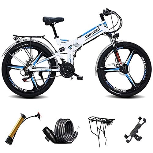 Folding Electric Mountain Bike : HAOYF 24 Inch Electric Bicycle for Teens, 300W Folding Mountain Bike, 48V 10Ah Removable Lithium Battery, Front & Rear Disc Brake, Large-Screen LCD Display, White