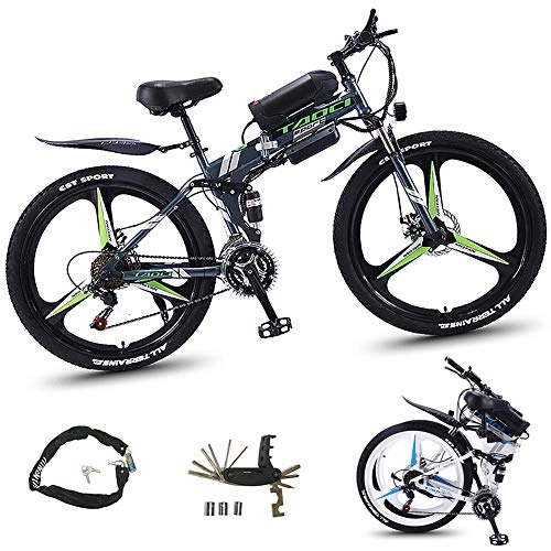 Folding Electric Mountain Bike : HAOYF Electric Bicycles for Adults, 350W High Carbon Steel Ebike Bicycle, Removable 36V / 13Ah Lithium-Ion Battery, Mountain Bike / Commute E-Bike, Long Endurance 75Km, Gray, One Piece Wheel