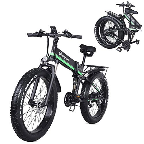Folding Electric Mountain Bike : HAOYF Electric Mountain Bike with 26 * 4.0 Fat Tire & 12.8AH Lithium-Ion Battery 1000W Electric Bicycle for Adult, Premium Full Suspension & 21 Speed Gear, Green
