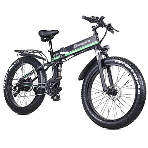 Folding Electric Mountain Bike : HARTI Electric Bike, 1000W 48V Folding Mountain Bike with 26 * 4.0 Fat Tire, 21 Speed Lightweight E-Bike with Pedal Assist Hydraulic Disc Brake, Green