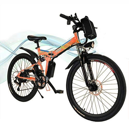 Folding Electric Mountain Bike : Hesyovy 26'' Folding Electric Mountain Bike Removable Large Capacity Lithium-Ion Battery (36V 250W), Electric Bike 21 Speed Gear and Three Working Modes (Orange)