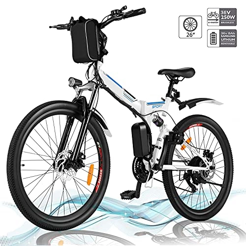 Folding Electric Mountain Bike : Hesyovy 26'' Folding Electric Mountain Bike Removable Large Capacity Lithium-Ion Battery (36V 250W), Electric Bike 21 Speed Gear and Three Working Modes (White-Foldable)
