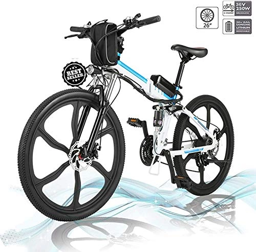 Folding Electric Mountain Bike : Hesyovy 26'' Folding Electric Mountain Bike Removable Large Capacity Lithium-Ion Battery (36V 250W), Electric Bike 21 Speed Gear and Three Working Modes (White-Upgrade-Foldable)